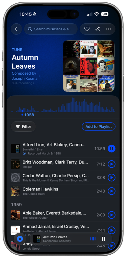 Tune page for Autumn Leaves listing 500 recordings