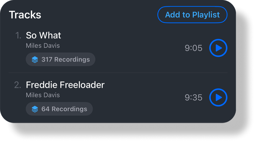 Track list showing recording counts per tune